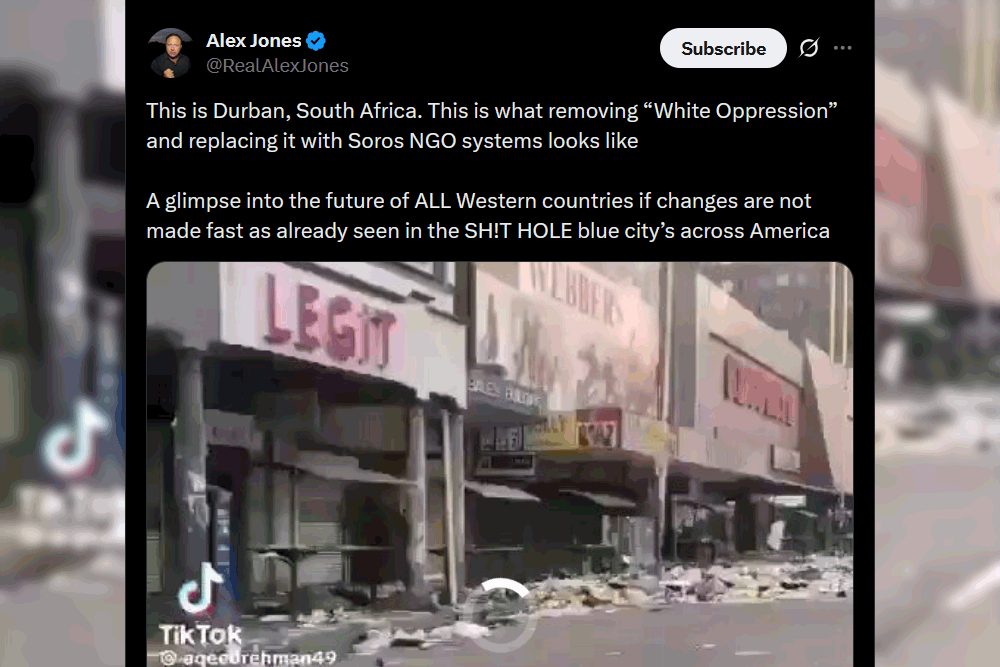 Taken in its entirety, Jones’s claim is false. The footage is from a moment four years ago, when the country was facing the unprecedented crisis of the arrest of a former president. And it could be said that the July 2021 riots were ultimately caused by the “White Oppression” of apartheid, not by its removal.