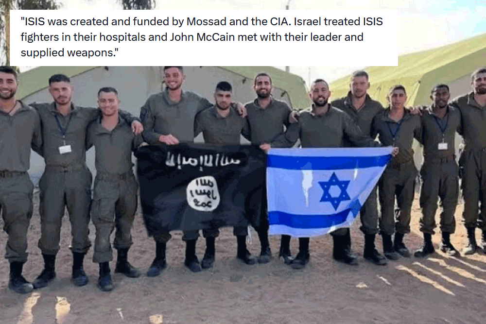 The photo is no proof that Israeli and US intelligence agencies created the Islamist group. The original shows the soldiers holding a green and yellow flag – not the black and white flag of Isis.