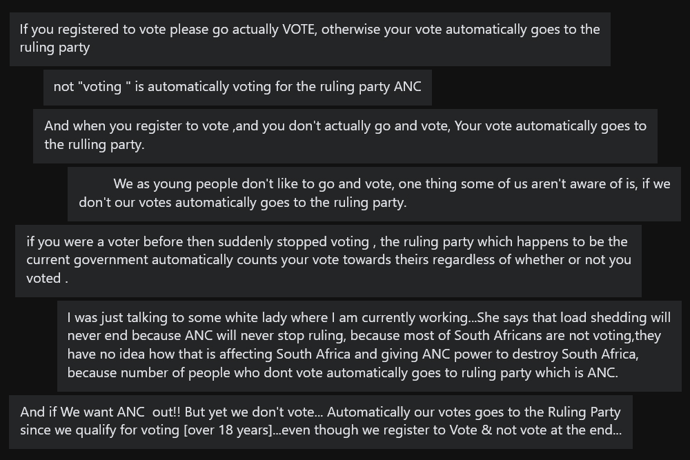 A old online rumour that if a registered voter doesn't turn up at the polls their vote "automatically" goes to the ruling ANC has resurfaced in another election year. But while a good voter turnout makes a better democracy, no democracy works that way.