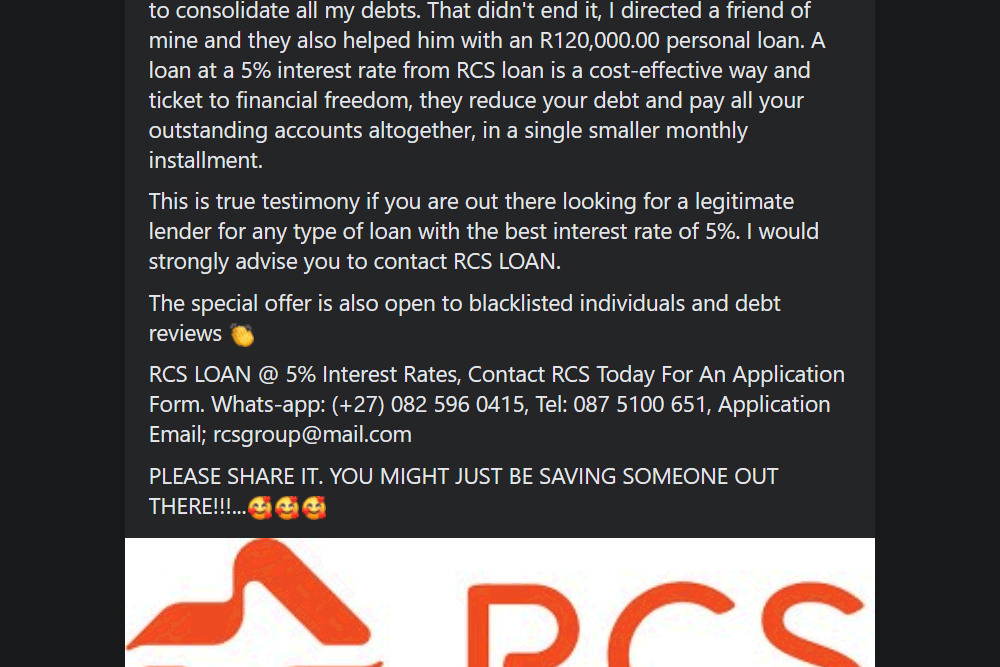 If it sounds too good to be true, it probably is. The South African store card company RCS is not using social media to offer loans of up to R400,000 to people blacklisted from other credit.