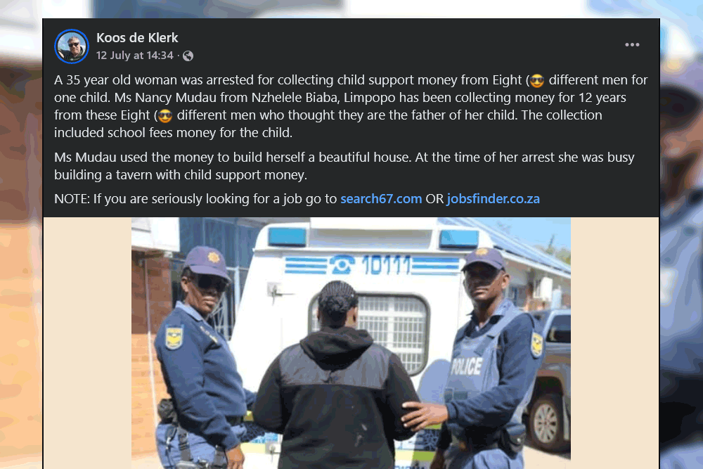 An unrelated photo was used to claim a woman had been collecting child support from eight different men for the same child over 12 years. But it was all made up as clickbait for job scam websites.