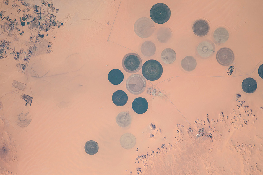 The Al-Jawf Oasis in Eastern Libya is photographed by crew members aboard the International Space Station. The large circles are center-pivot irrigation systems.