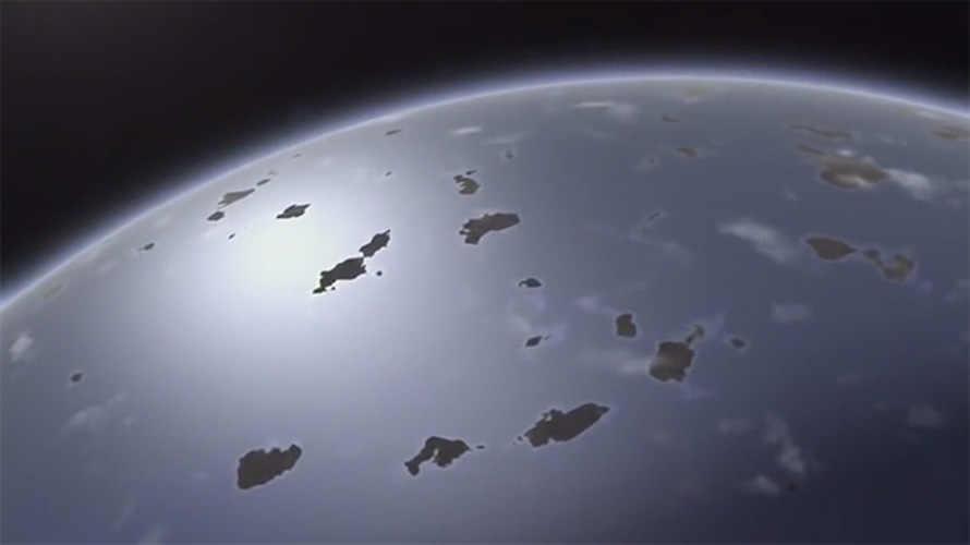 An artist's impression of the earth's surface billions of years ago. The planet had almost zero oxygen in its atmosphere, but there was still life: microorganisms living in the globe-spanning ocean, long before today's continents were formed. (Image: National Geographic - The Story of Earth)