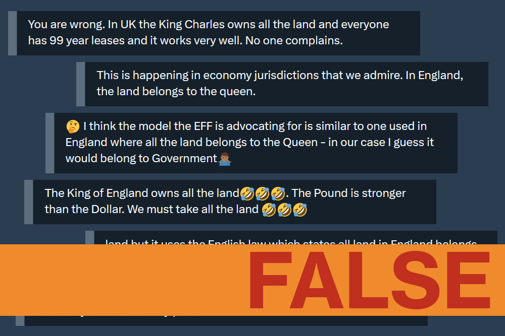 John Hlophe, the uMkhonto weSizwe Party's parliamentary leader, said state ownership of land in South Africa would be no different from England, where "all land belongs to the queen". He's wrong, and not just about the late queen.