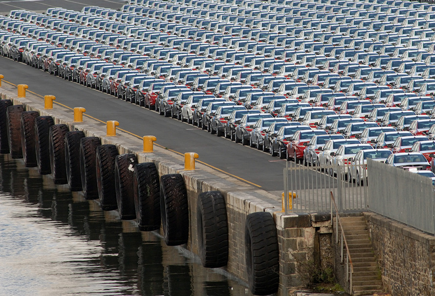 Cars ready for export on the loading dock below the Mercedes-Benz factory in East London, the Eastern Cape's second-largest city. The factory largely sustains the city's economy. (Rodger Bosch, Media Club South Africa)