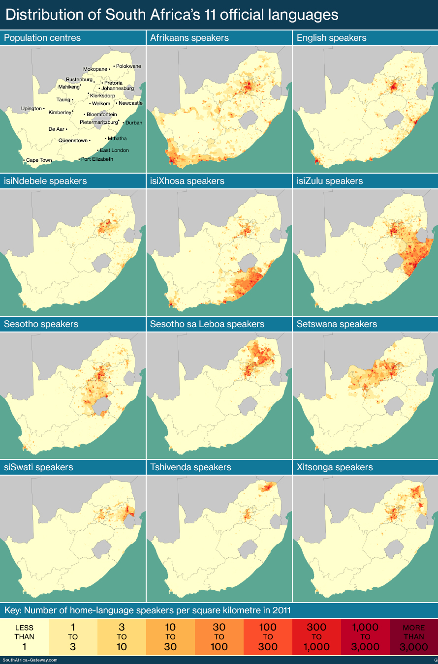 Map showing the distribution of first-language speakers of South Africa's 11 official languages