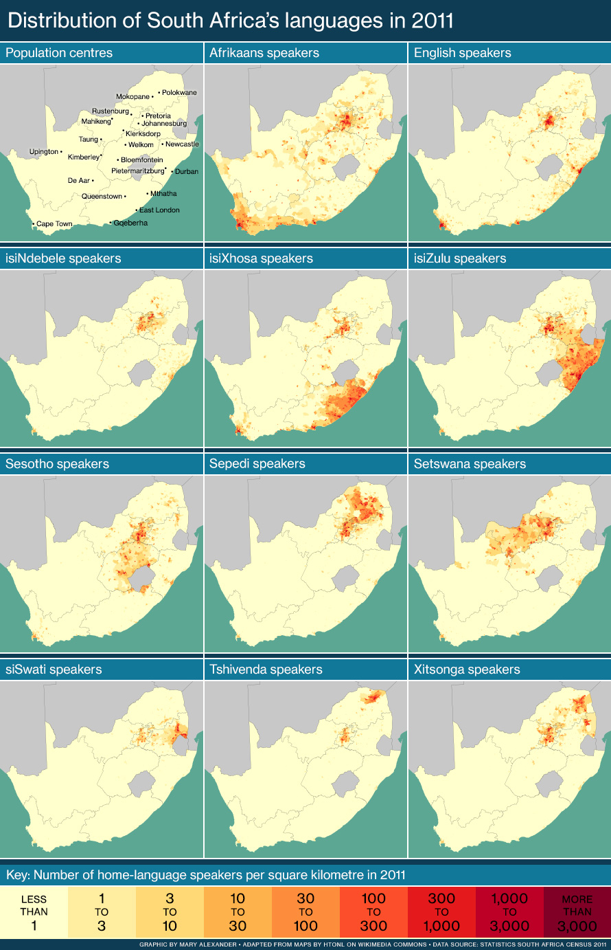 Maps of first-language speakers in South Africa, based on census 2011 data. No equivalent data for the 2022 census is available.