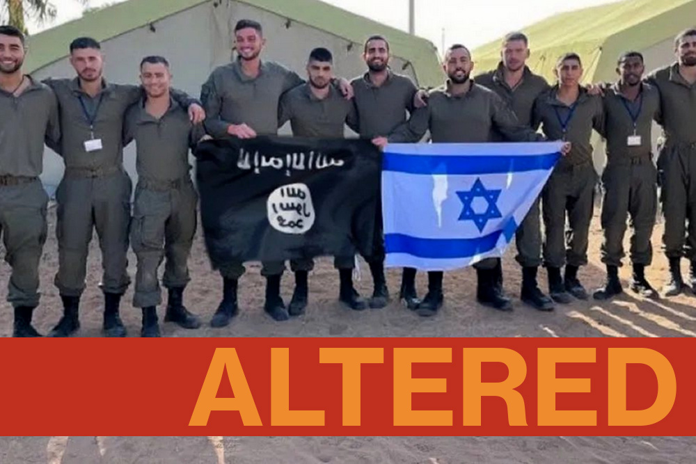 The photo is no proof that Israeli and US intelligence agencies created the Islamist group. The original shows the soldiers holding a green and yellow flag – not the black and white flag of Isis.