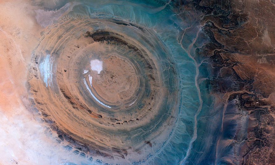 The Richat Structure near Ouadane in central Mauritania is known as the Eye of the Sahara. This magnificent 40-kilometre-wide dome is the result of deep and ancient erosion of a long-dead volcano. (Axelspace Corporation, CC BY-SA 4.0)