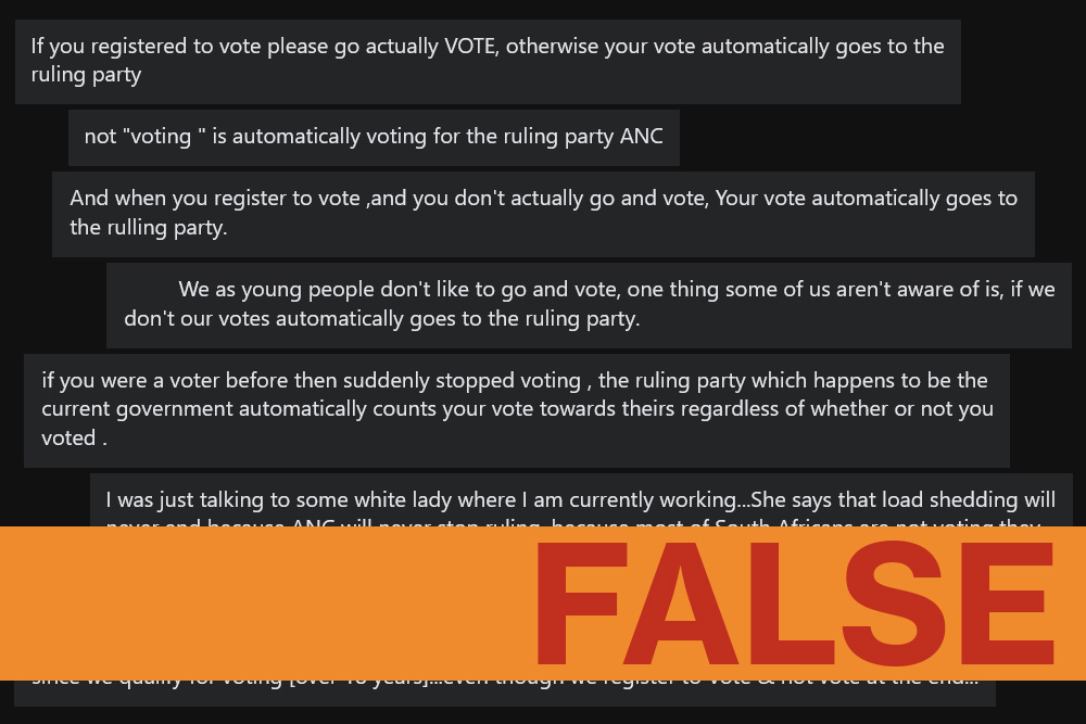 A old online rumour that if a registered voter doesn't turn up at the polls their vote "automatically" goes to the ruling ANC has resurfaced in another election year. But while a good voter turnout makes a better democracy, no democracy works that way.