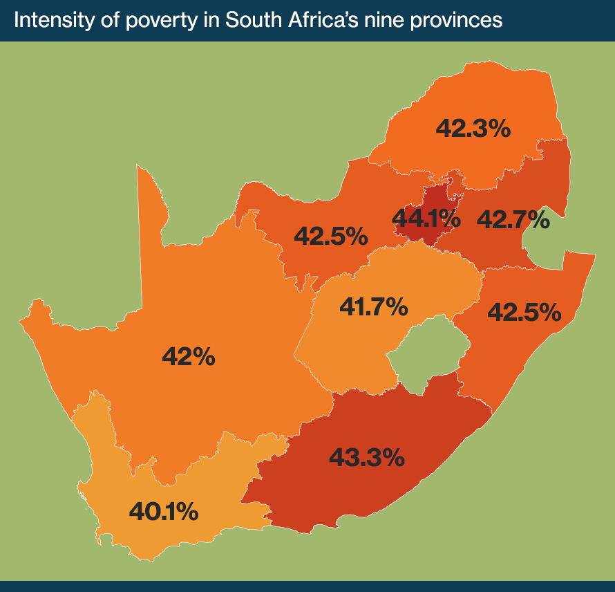 Map of South Africa showing the intensity of poverty in South Africa's nine provinces, according to data from the Statistics South Africa Community Survey 2016.