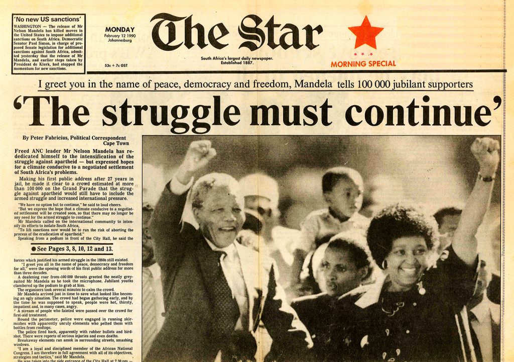 On 11 February 1990 Mandela made his first public speech, after 27 years in jail, to a crowd of 100 000 gathered on the Grand Parade in Cape Town. There was 