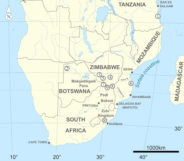 Map of prominent trading sites in the East African trade network, labelled from north to south.1: Kilwa; 2: Tsodilo Hills; 3: Khami; 4: Great Zimbabwe; 5: initial gold reefs; 6: Chibuene; 7: Schroda, K2 and Mapungubwe; 8: Thulamela and Makahane; 9: Dzata/Venda Capital; 10: KwaGandaganda and Ndondwane (Image: author supplied)