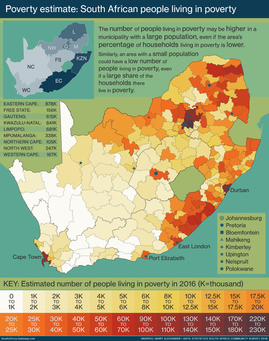 Map of South Africa showing estimated numbers of people living in poverty. The numbers are calculated from the population, poverty headcount and average household size of each municipality.