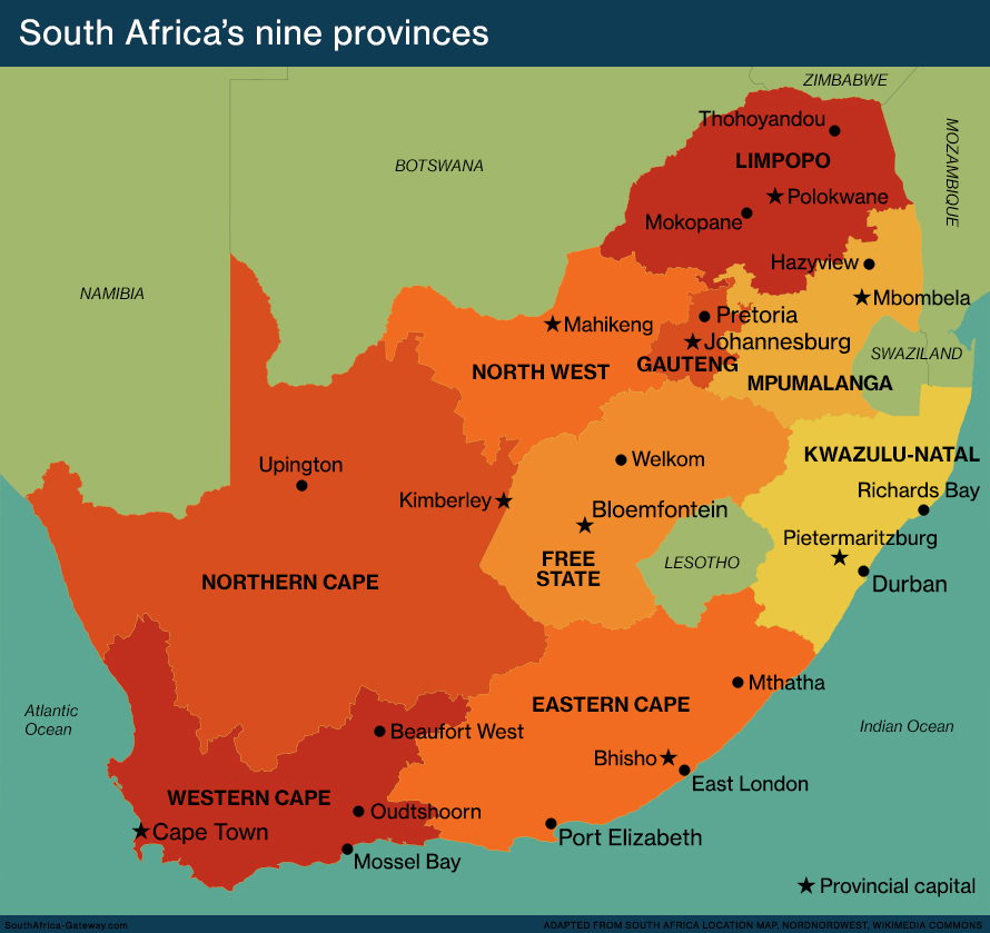 Map of South Africa's nine provinces since 1996, showing provincial capitals and major cities.