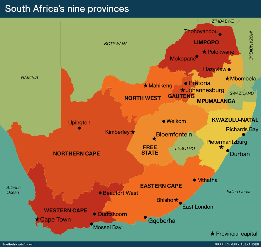 Map of South Africa's nine provinces: the Eastern Cape, Free State, Gauteng, KwaZulu-Natal, Limpopo, Mpumalanga, the Northern Cape, North West and the Western Cape.