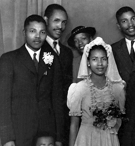 Nelson Mandela and his future first wife Evelyn Mase in the bridal party at Walter and Albertina Sisulu's wedding on 17 July 1944. Mandela was best man. Mandela and Mase were to marry three months later, 5 October 1944.