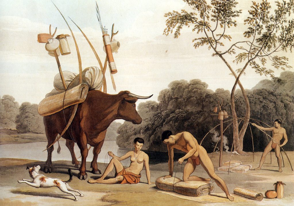 An 1805 aquatint by Samuel Daniell shows Kora Khoekhoe pastoralists breaking camp to move to new pastures. Note the dog at lower left. (Museum Africa)