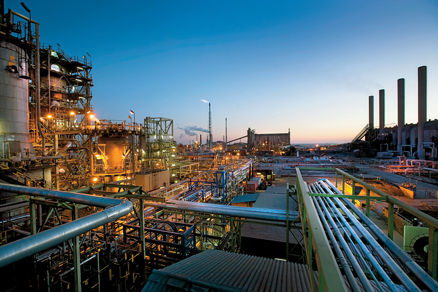 The Sasol Infrachem chemicals processing plant in Sasolburg, an industrial town in the far north of the Free State near the Gauteng border. The town was founded in 1954 to support Sasol, a state-owned company created to manufacture oil from coal. South Africa has plenty of coal reserves, but no oil. Today Sasol is a ginat multinational petrochemicals corporation. (Media Club South Africa)