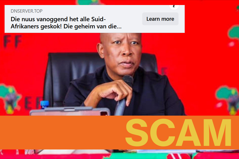 The lazy social media clickbait reuses the same wording, in Afrikaans, teasing “shocking” news about local celebrities – politician Julius Malema, cricketer AB de Villiers, actor Pearl Thusi and more.