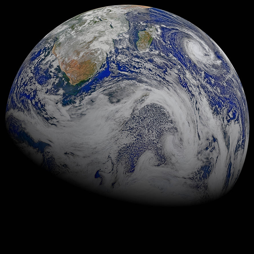 South Africa and the island of Madagascar are the only landmasses visible on the planet in this composite image captured by six orbits of the Nasa-NOAA Suomi National Polar-orbiting Partnership spacecraft on 9 April 2015. Tropical cyclone Joalane can be seen over the Indian Ocean. (Nasa, CC BY-2.0)