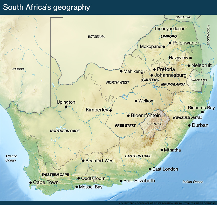 Relief map of South Africa showing provinces and major towns and cities.