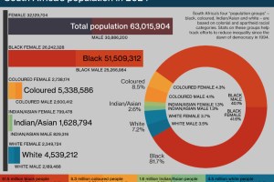 Bar graph and pie chart showing South Africa's population in 2024, according to four main population groups: African, coloured, Indian or Asian and white. Data sourced from Statistics South Africa's 2024 mid-year population estimates.