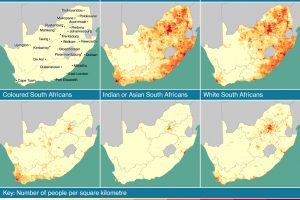 Map showing the distribution of South Africa's population, as well as the population distribution of black, coloured, Indian and white South Africans.