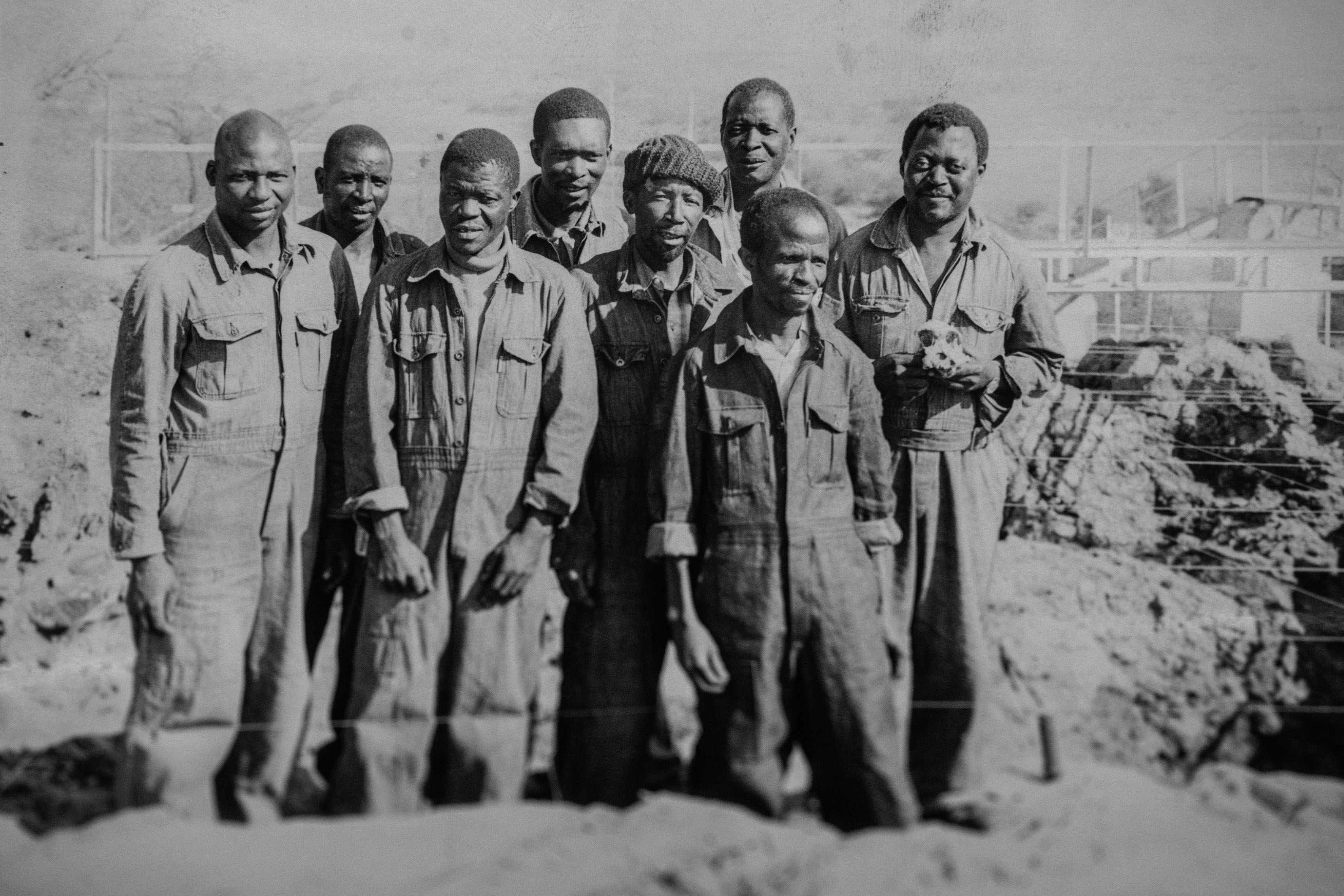An undated old photo of fossil technicians at the Sterkfontein Caves. Itumeleng Molefe’s’s father, Nkwane Molefe, is second from right. Steven Motsumi is fifth from right. The pair unearthed the famous Australopithecus fossil Little Foot while working under paleoanthropologist Ron Clarke.