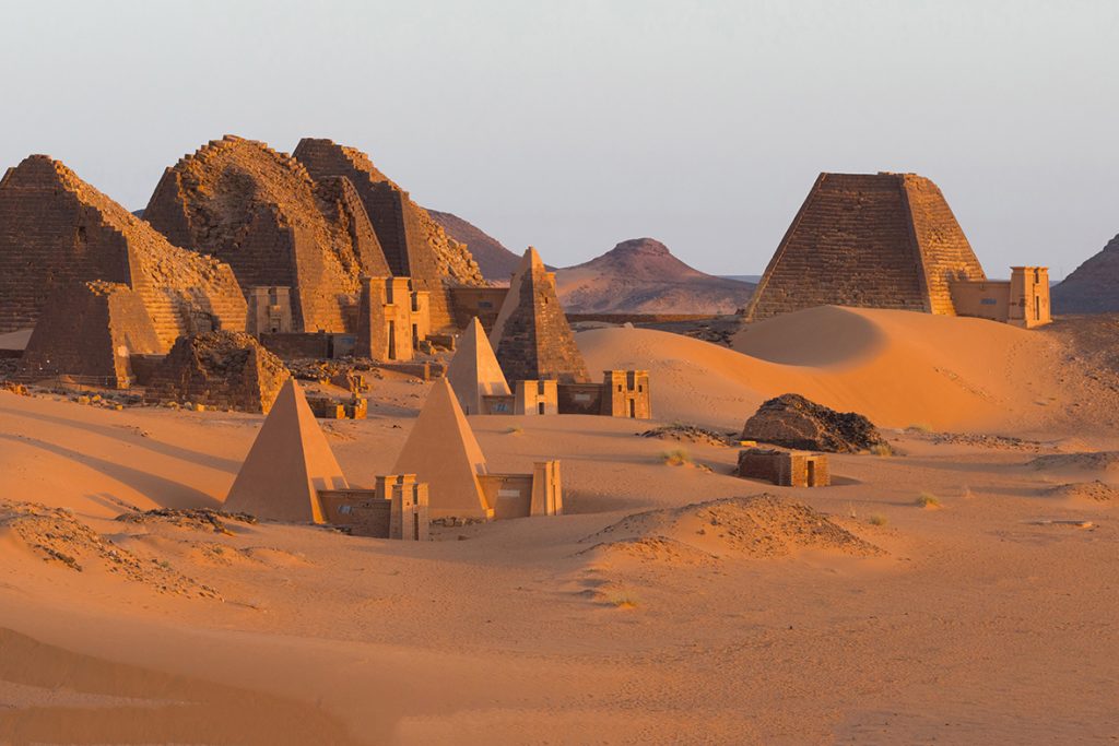The pyramids of Kushite rulers at Meroë, an ancient city on the banks of the Nile River in eastern Sudan. Meroë was the capital of the Kingdom of Kush, one of the earliest and largest states in precolonial sub-Saharan Africa, which flourished from around 1,000 BCE to 350 CE.