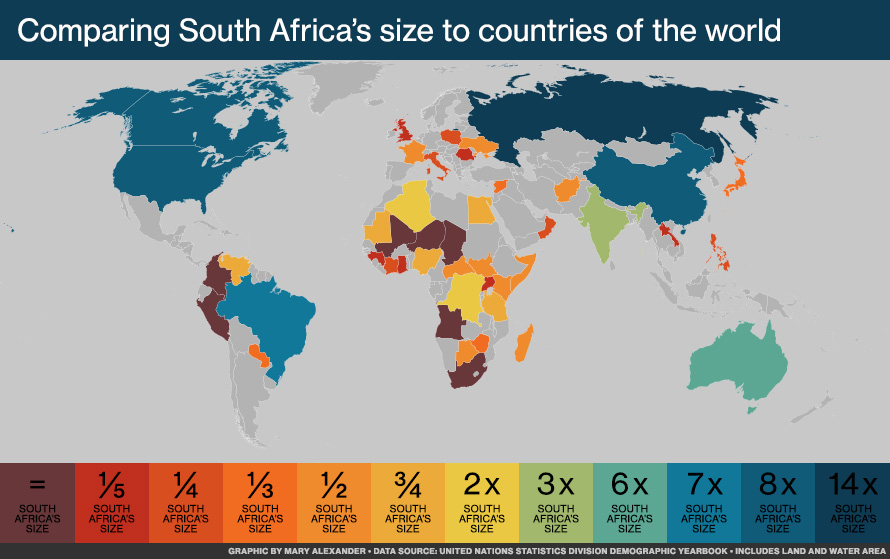 Colour-coded map comparing the size of South Africa to other countries of the world.